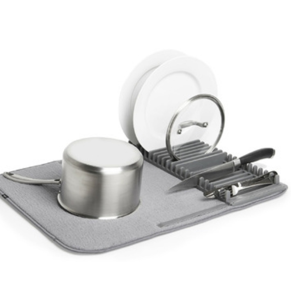 BNWOT LARGE UMBRA GREY KITCHEN DISH RACK AND ABSORBENT MAT (LARGE)
